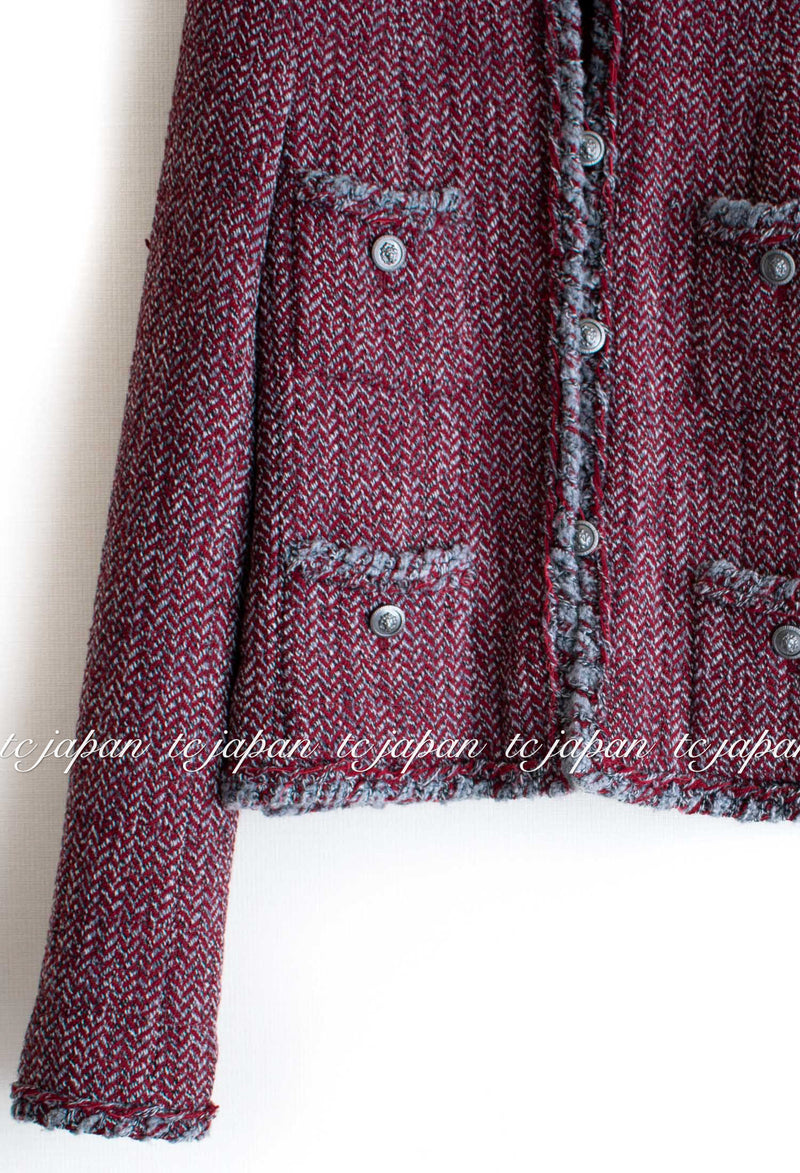 CHANEL 08A Red Grey Wool Tweed Jacket Skirt Suit 36 シャネル レッド・グレー・ウール・ツイード・ジャケット・スカート スーツ