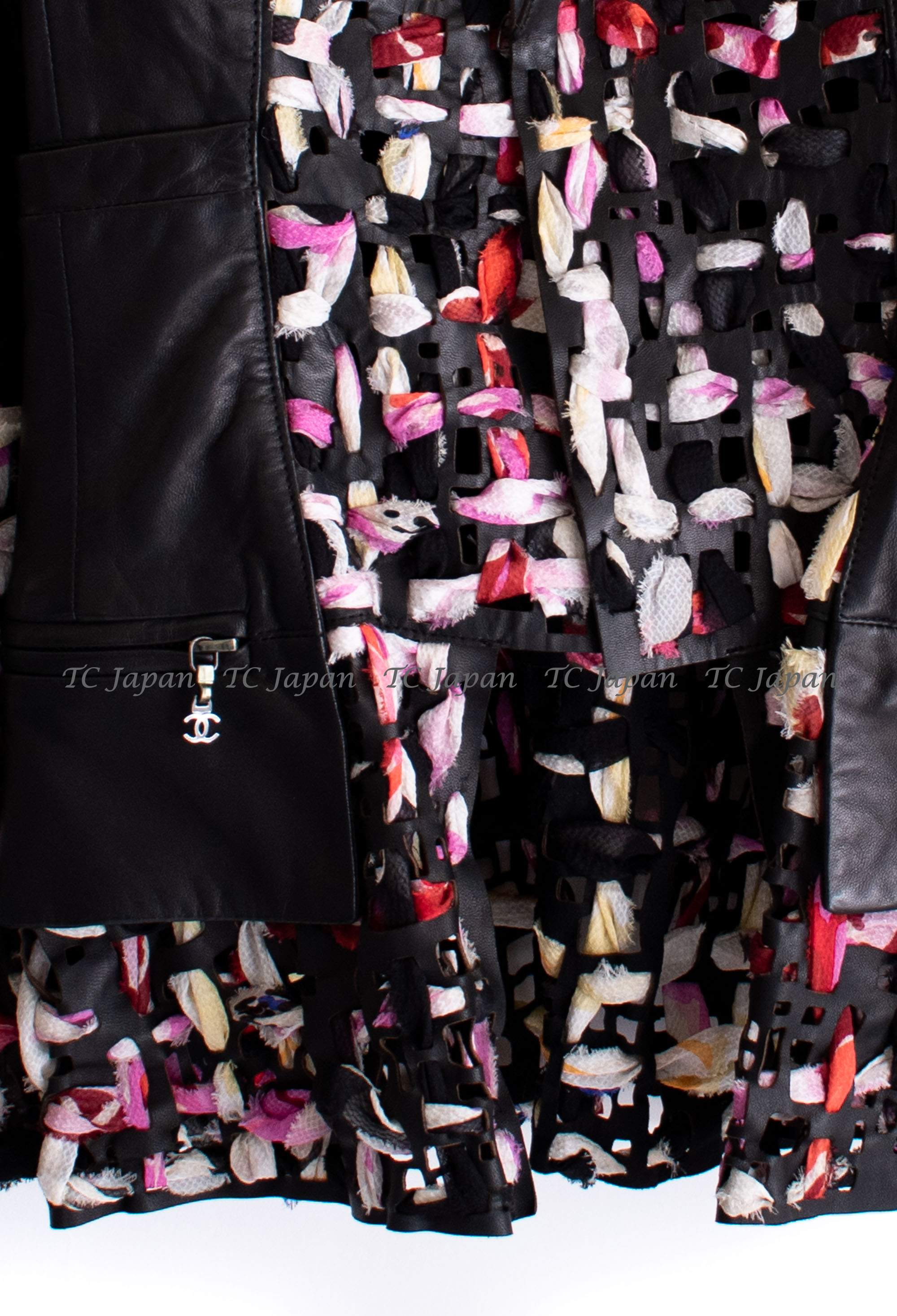 シャネル ブラック マルチカラー シルク レザー ジャケット CHANEL 11S Black Multicolor Flower Silk  Leather Jacket – TC JAPAN