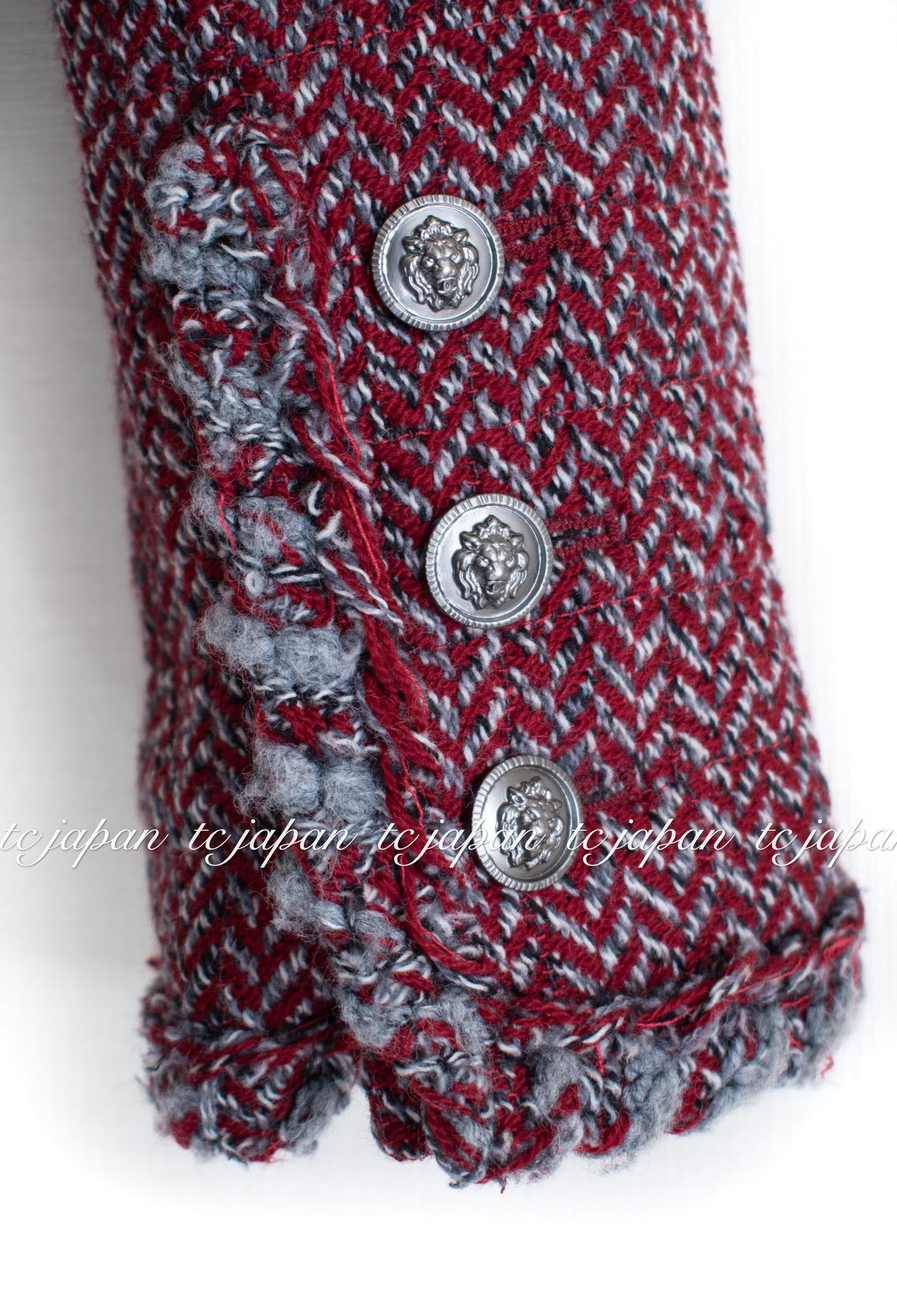 CHANEL 08A Red Grey Wool Tweed Jacket Skirt Suit 36 シャネル レッド・グレー・ウール・ツイード・ジャケット・スカート スーツ