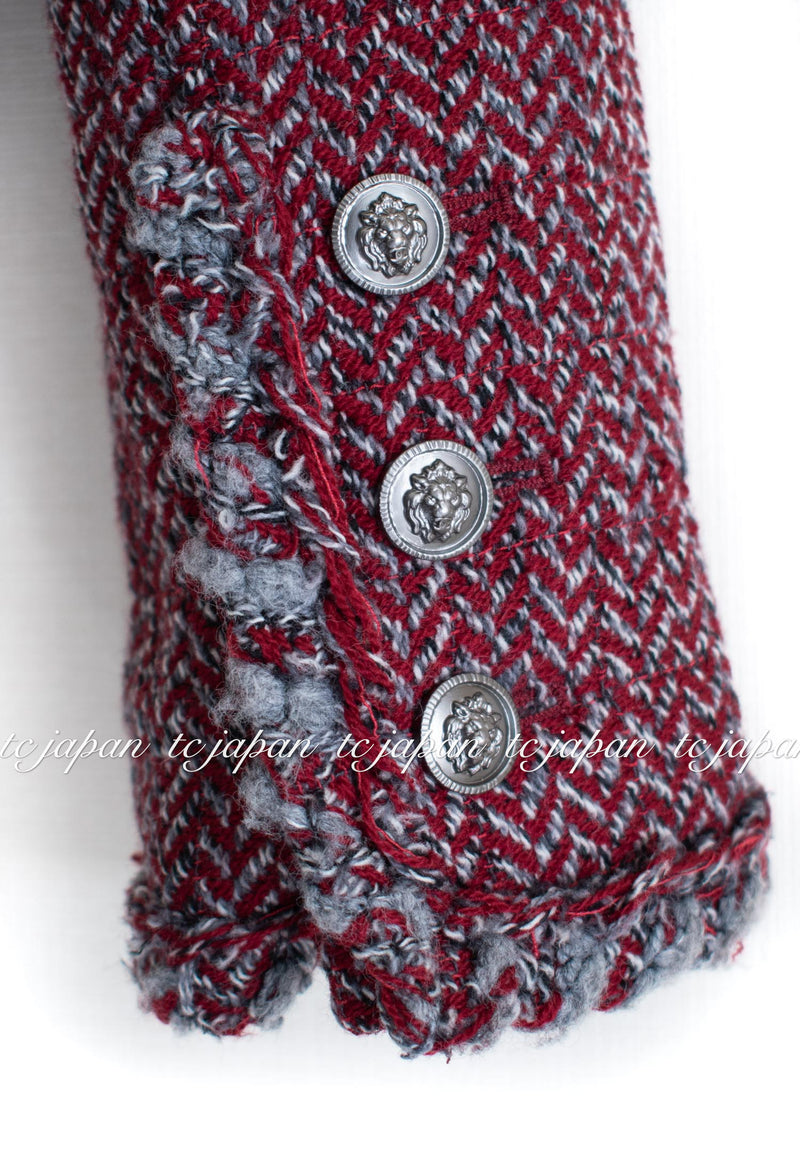 CHANEL 08A Red Grey Wool Tweed Jacket Skirt Suit 36 シャネル レッド・グレー・ウール・ツイード・ジャケット・スカート スーツ