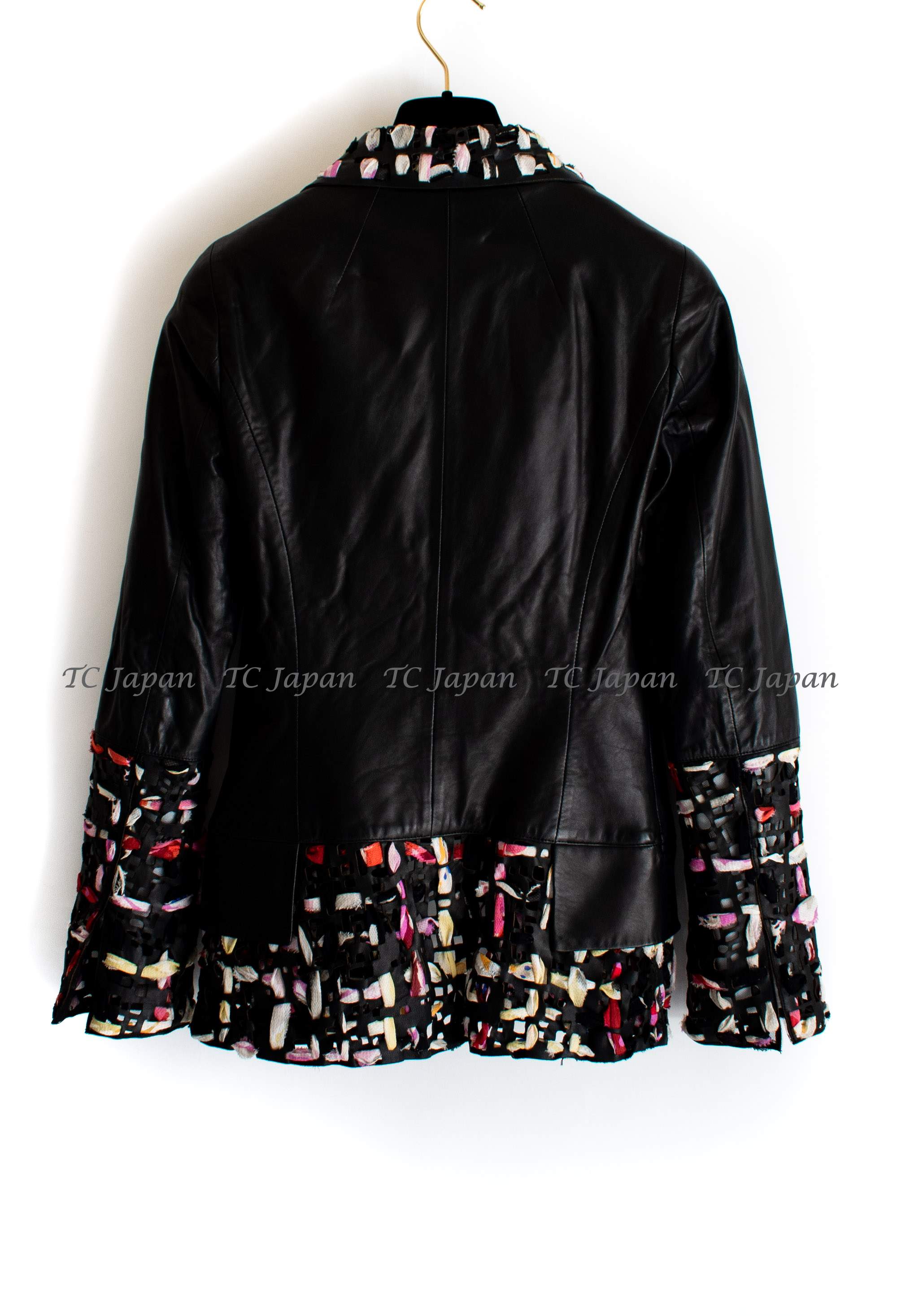 CHANEL 11S Black Multicolor Flower Silk Leather Jacket 34 シャネル ブラック マルチカラー  シルク レザー ジャケット 即発