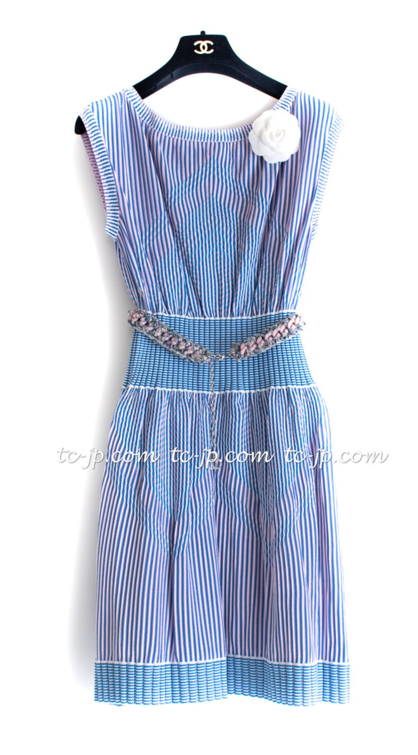 CHANEL 14S Knit Boat Neck Stripe Dress 40 42 シャネル ブルー・ストライプ・ワンピース 即発