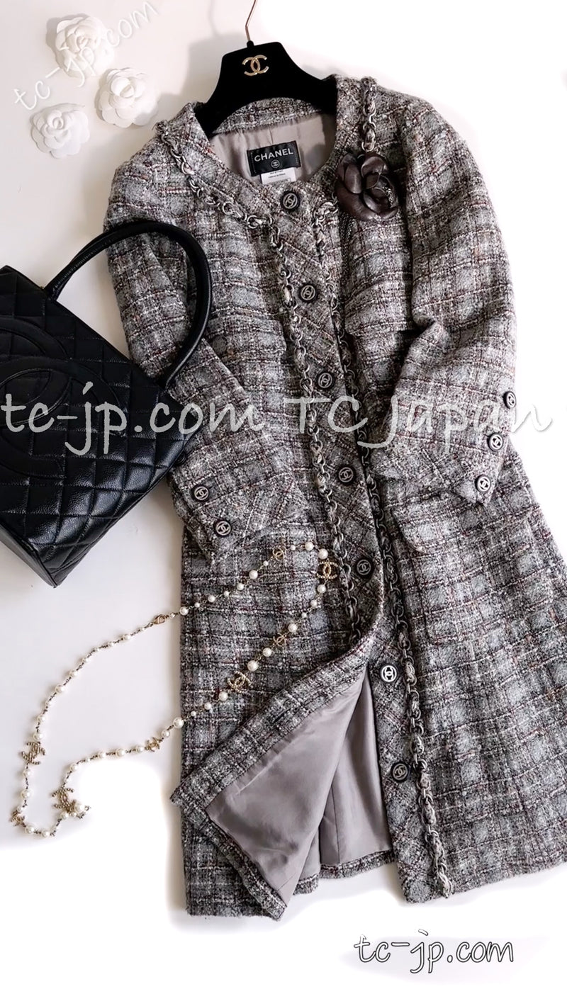 CHANEL 13B Grey Brow Chain Trimming Tweed skirt Coat Dress 38 40 42 44 シャネル チェーン・トリミング・ワンピース コート 即発